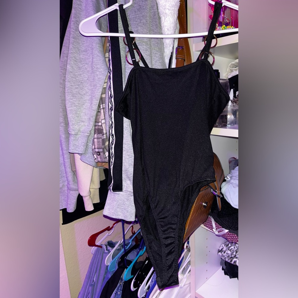 Black solid color off shoulder bodysuit